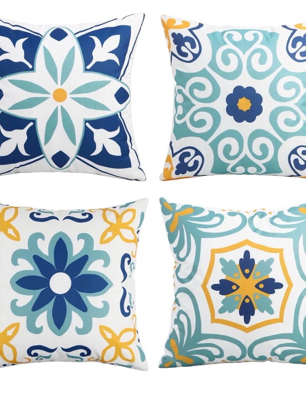 Set of 4 Decorative Tile-Pattern Throw Pillow Covers - Teal, Navy & Yellow